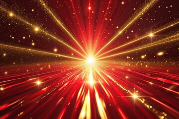 Fototapeta premium Vibrant Red Abstract Background with Glowing Golden Rays and Sparkling Effects