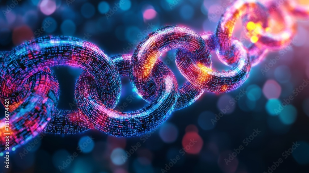 Poster a chain of colorful links with a blue and orange link in the middle. the chain is made up of many sm