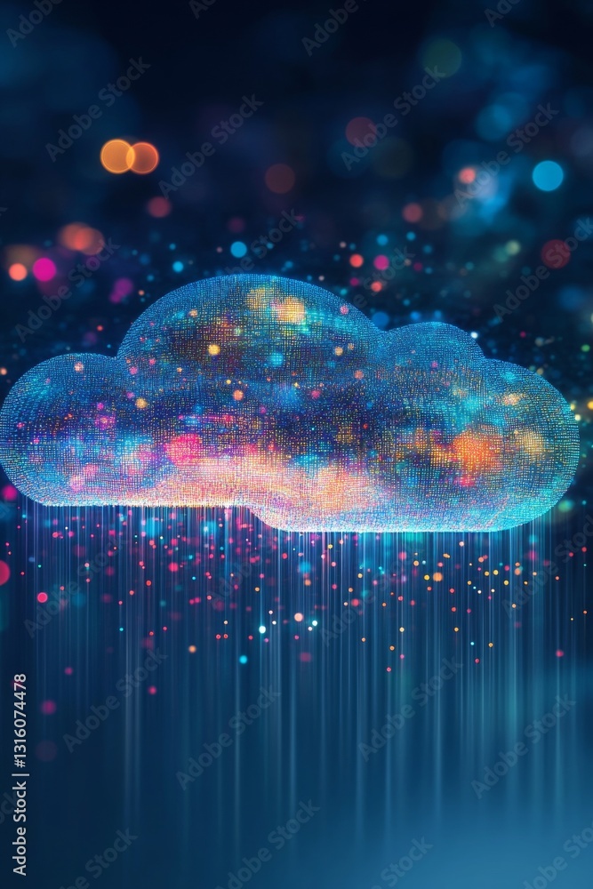 Poster colorful digital cloud representation with data lights and hazy background in a modern aesthetic