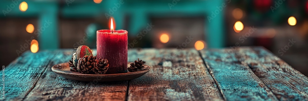 Poster red burning advent candle on a wooden board surrounded by fir branches serves as a christmas backgro