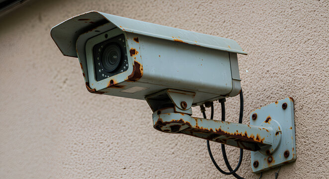 An old security camera with rusted metal housing is mounted on a textured wall with visible cables.
