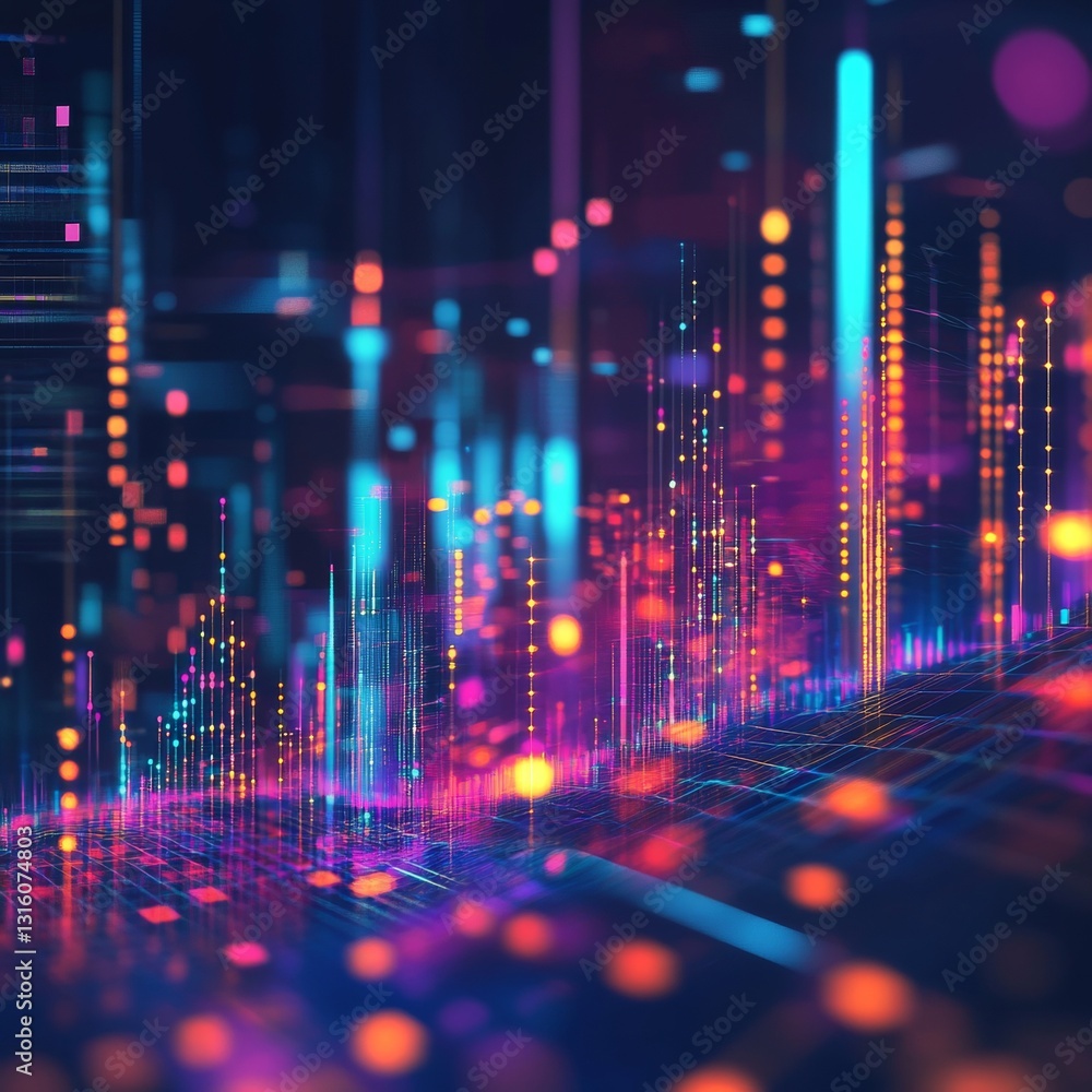 Poster Abstract Digital Data Visualization with Neon Colors and Dynamic Patterns in a Futuristic Setting