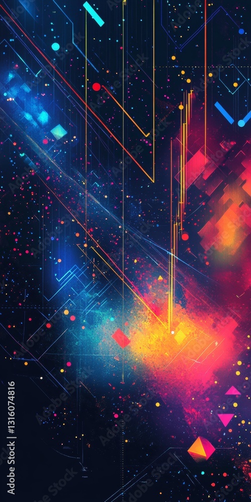 Poster vibrant abstract digital illustration with energetic light patterns and colorful geometric elements