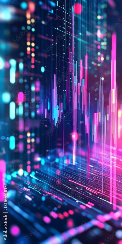 Poster futuristic digital data visualization with neon colors and abstract patterns in a virtual environmen