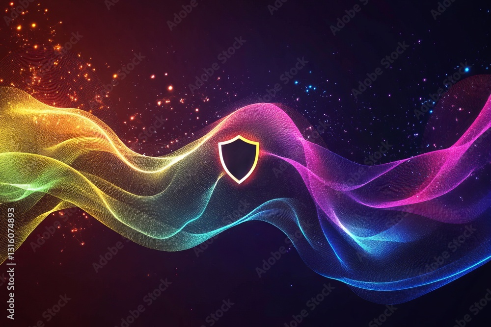 Poster this abstract image features colorful waves with a central security shield, symbolizing protection a