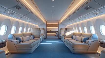 Fototapeta premium Luxurious interior airplane cabin with plush sofas, soft cushions and lighting