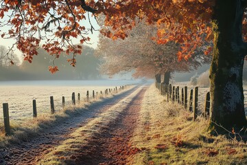 The warmth of autumn leaves against the crisp chill of morning frost in a peaceful countryside.