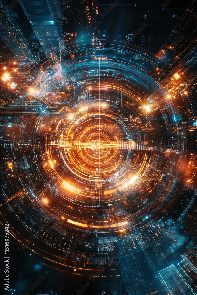 Poster vibrant abstract digital artwork featuring circular patterns and glowing lights in space