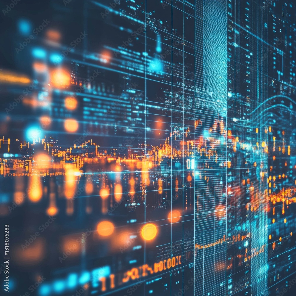 Poster dynamic abstract visualization of digital data flow with blue and orange lights in urban environment