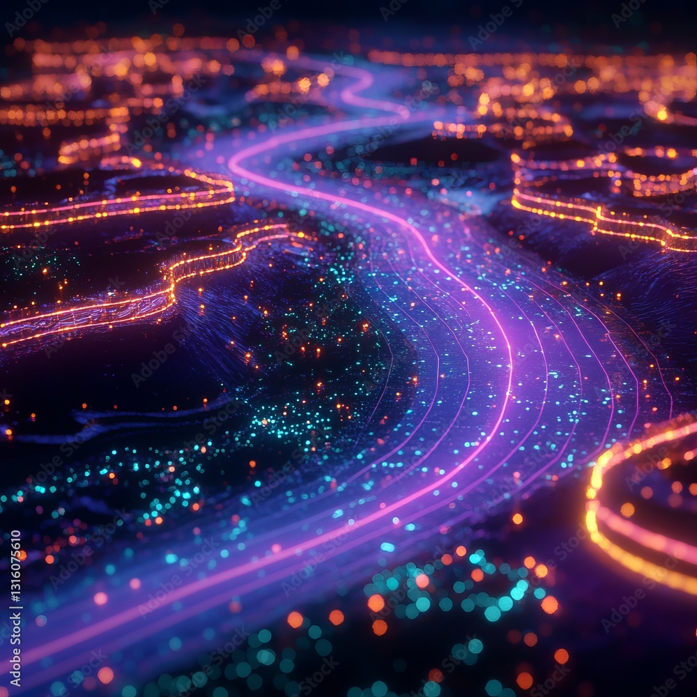 Poster this vibrant abstract cityscape features a network of flowing roads illuminated by colorful lights, 