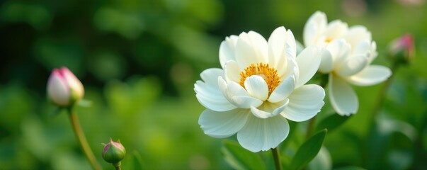 White peonies blooming in a lush garden amidst greenery, peonies, garden flowers