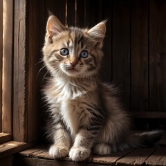 Cute Fluffy Kitten in Wooden Crate