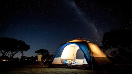 Illuminated tent under a starry sky next to a chair invites a night of camping amidst serene nature, suggesting peace and adventure.
