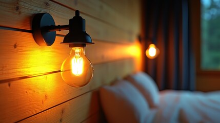 Cozy bedroom warm bulb lighting, wood wall. Soft focus, comfortable space