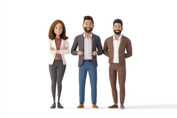 3d illustration. Group of happy business people standing on a white background. Stanley, Emma and Billy