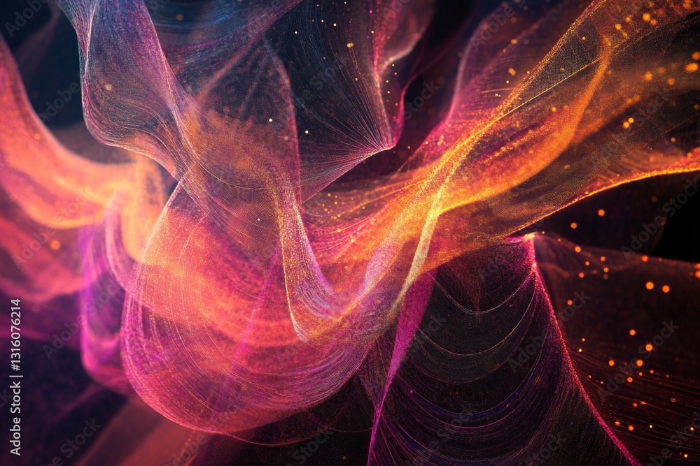 Poster colorful abstract digital art with flowing waves and vibrant light patterns in dark background