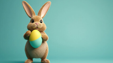 Obraz premium A cute bunny holds a colorful Easter egg against a teal background, embodying a playful and festive spirit.