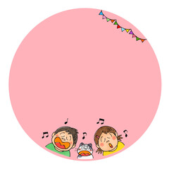 歌う子供と猫　コピースペース(丸ピンク)