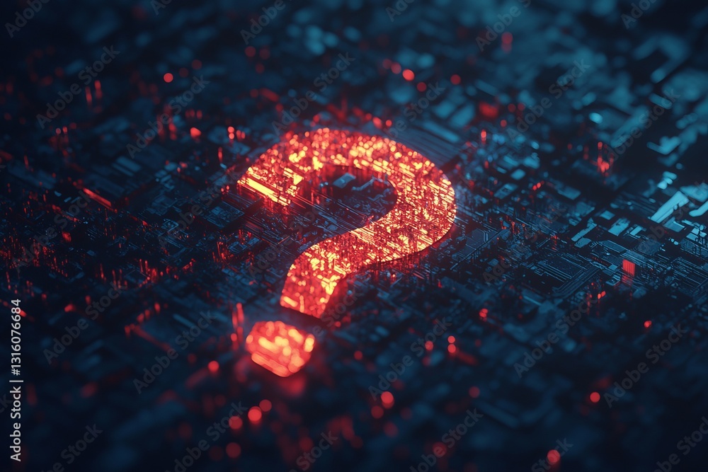 Poster this captivating image features a glowing question mark set against an abstract digital background, 