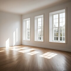 Fototapeta premium Empty Room with Sunlight Streaming Through Large Windows