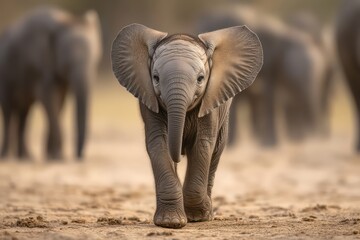 Tiny elephant calf walking forward, isolated from its herd.