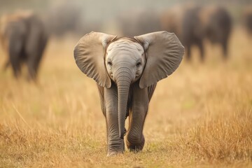 Fototapeta premium Tiny elephant calf walking forward, isolated from its herd.