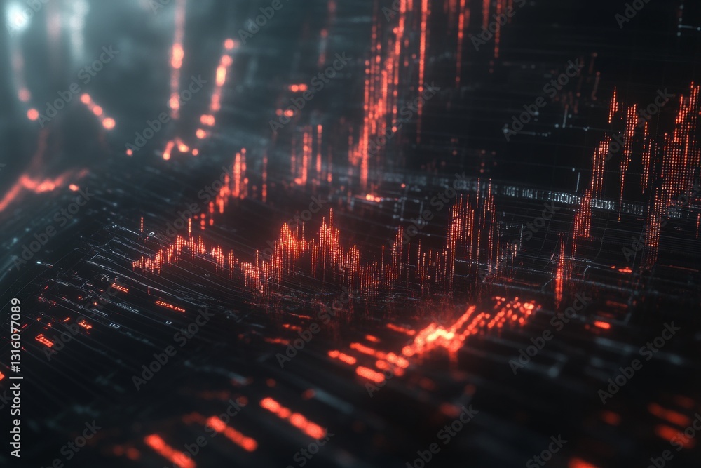Poster abstract digital data visualization with glowing patterns and energetic waves in dark space