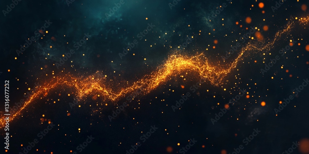 Poster golden particles flowing in abstract waves against a dark background with ethereal glow