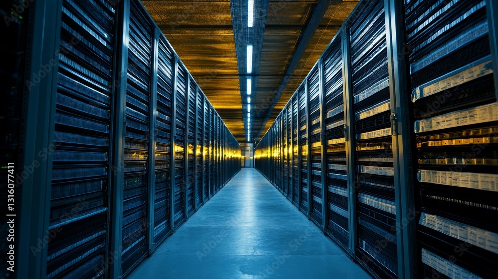Poster a sleek view of a modern data center showcasing rows of server racks illuminated by cool lighting, e