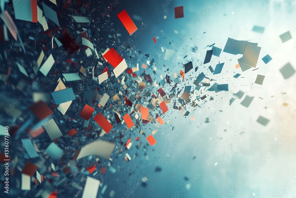 Poster a captivating image of colorful fragments floating in an abstract space, showcasing dynamic movement