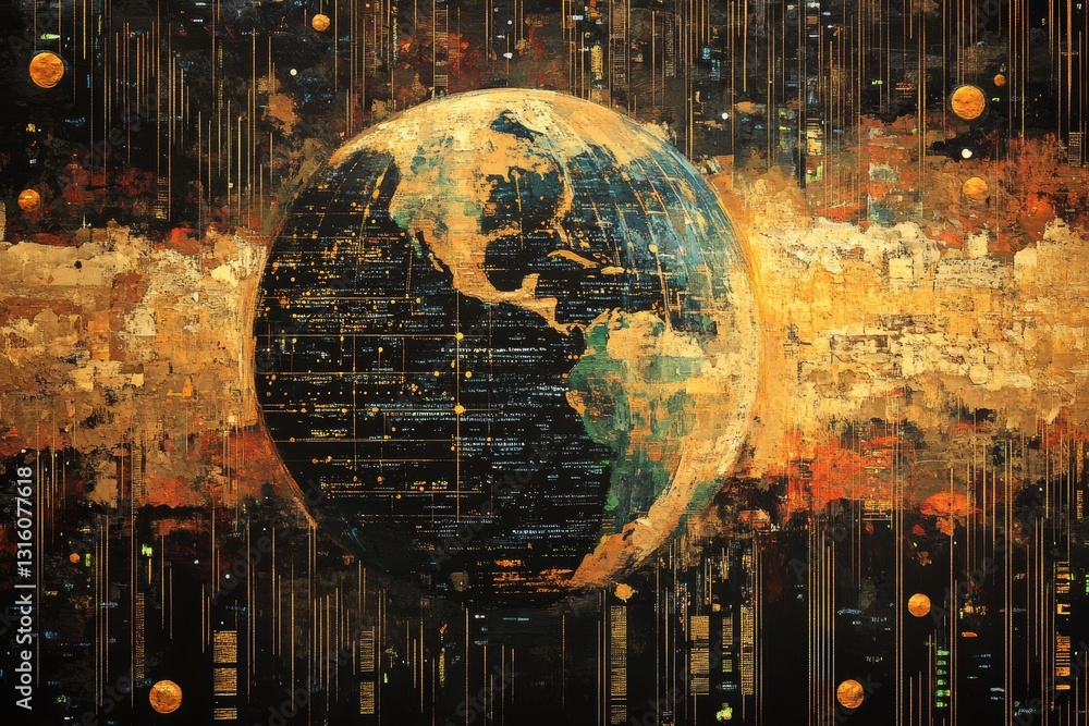 Poster abstract artistic representation of earth surrounded by celestial elements