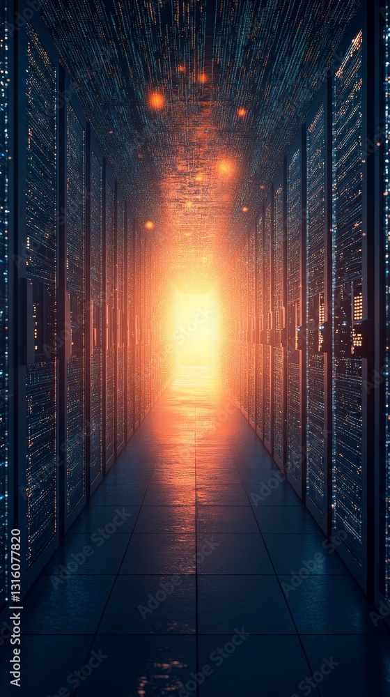 Poster experience the captivating corridor of a digital data center, featuring rows of servers illuminated 
