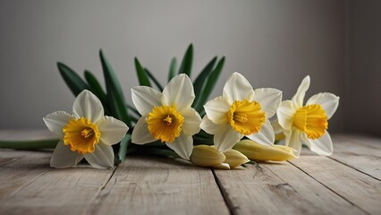 Daffodils bouquet with hello march text on light background