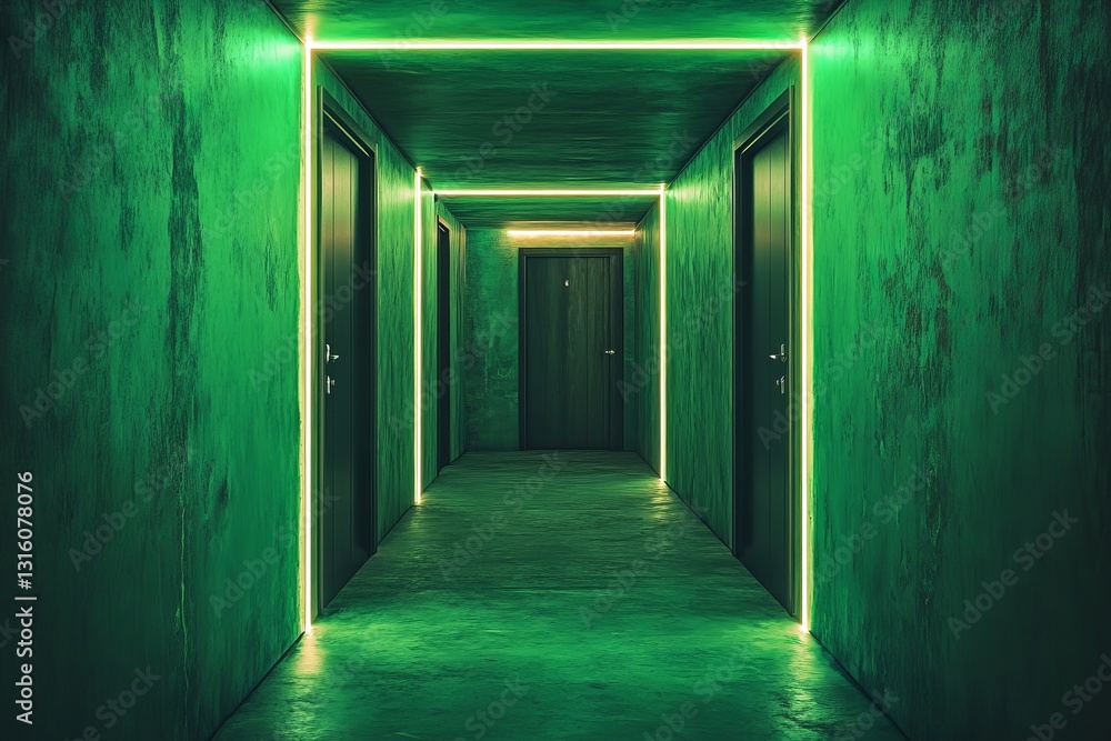 Aufkleber a futuristic passageway featuring cubes and neon lights in a green hue, set against a backdrop of ha
