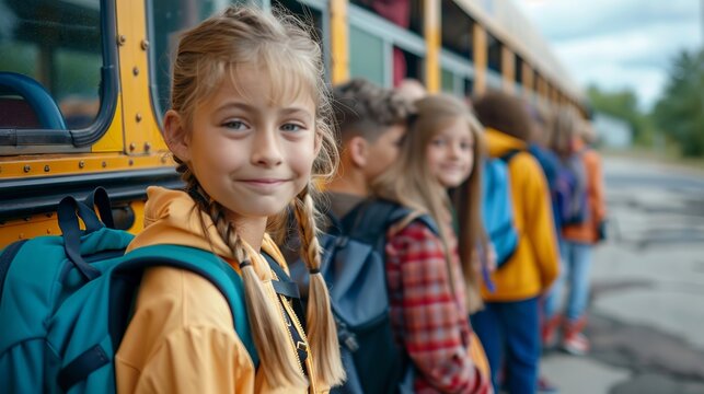 Diverse group of multicultural schoolchildren lined up to board a bright yellow bus for the new semester, ready for fresh learning opportunities.