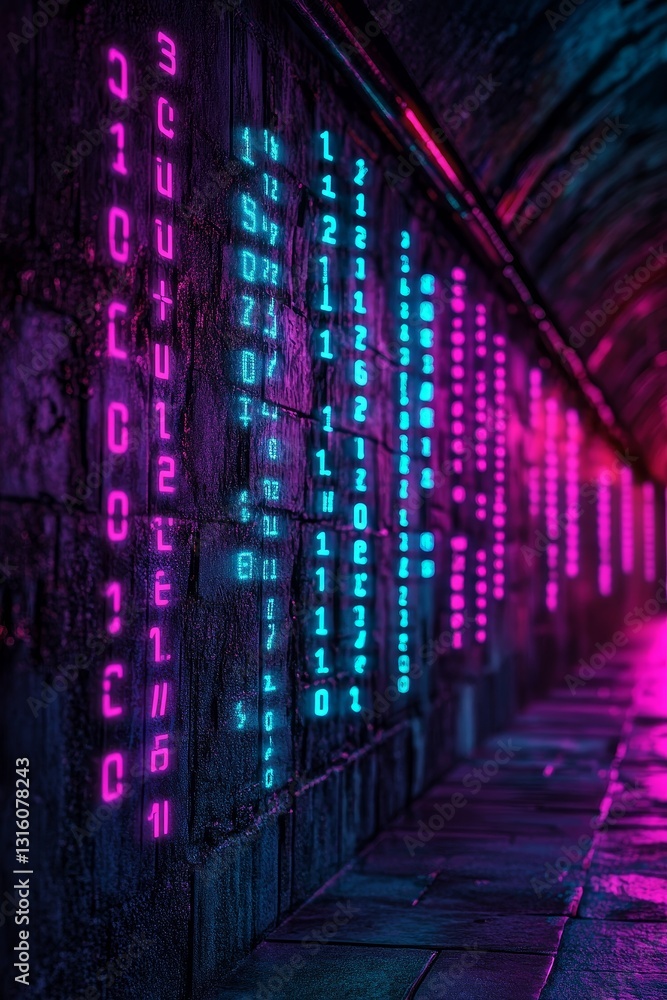 Poster a design composed of alphabets and numbers, incorporating letters and digits, binary code with 0s an