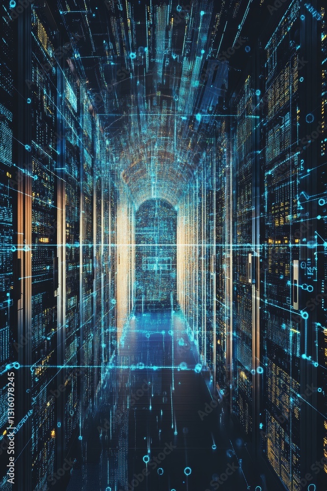 Poster futuristic data corridor with digital streams and light effects