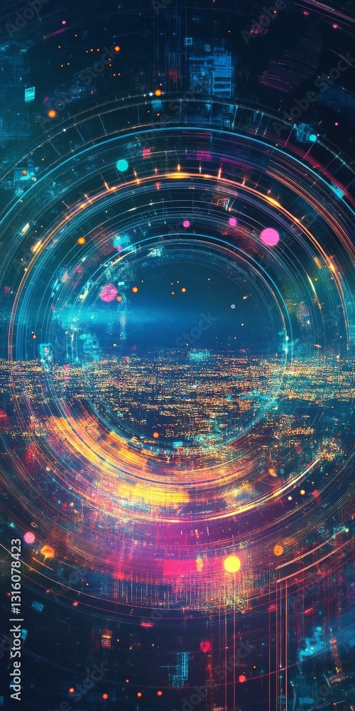 Poster vibrant abstract digital art with circular patterns and colorful light effects in cosmic design
