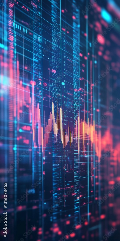 Poster abstract digital visualization of data patterns with waveforms and vibrant colors in technology