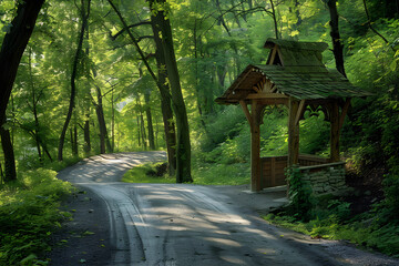 Charming Wooden Toll Booth in a Serene Forest Setting with Sunlight Filtering Through Trees