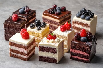 Delicious Assortment of Layered Cake Squares Topped with Fresh Berries on a Textured Gray Background, Eye Level View