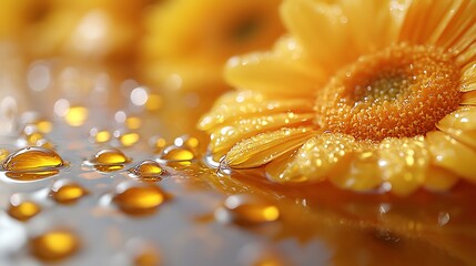 Sunflower oil droplets resting on a reflective glass surface