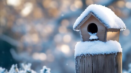 Fototapeta premium Birdhouse covered in snow winter scene nature photography outdoor setting close-up serenity