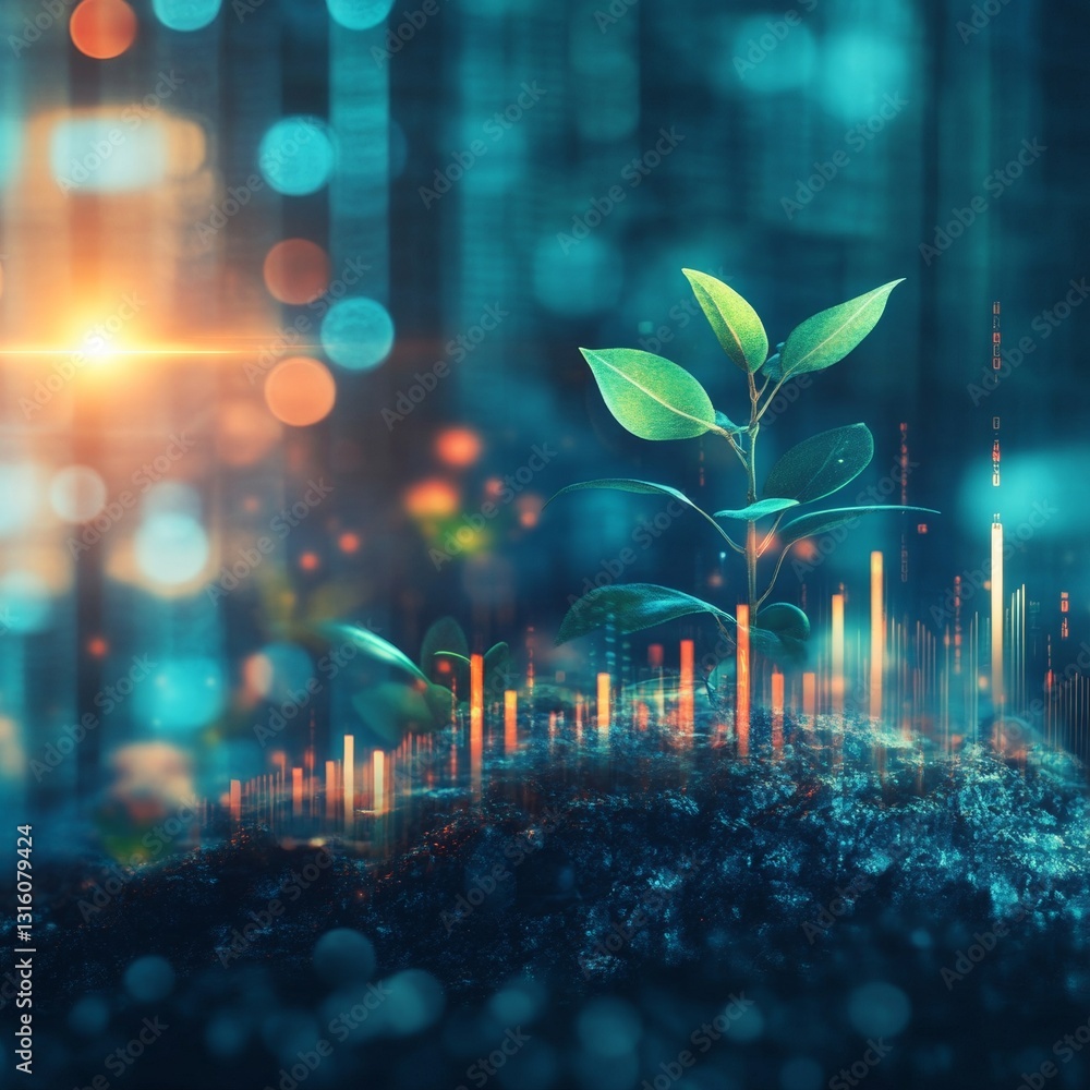 Poster sprouting seedling against futuristic background of data visualization and financial growth