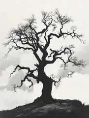 Striking Silhouette of Bare Tree on Hill Against Cloudy Sky