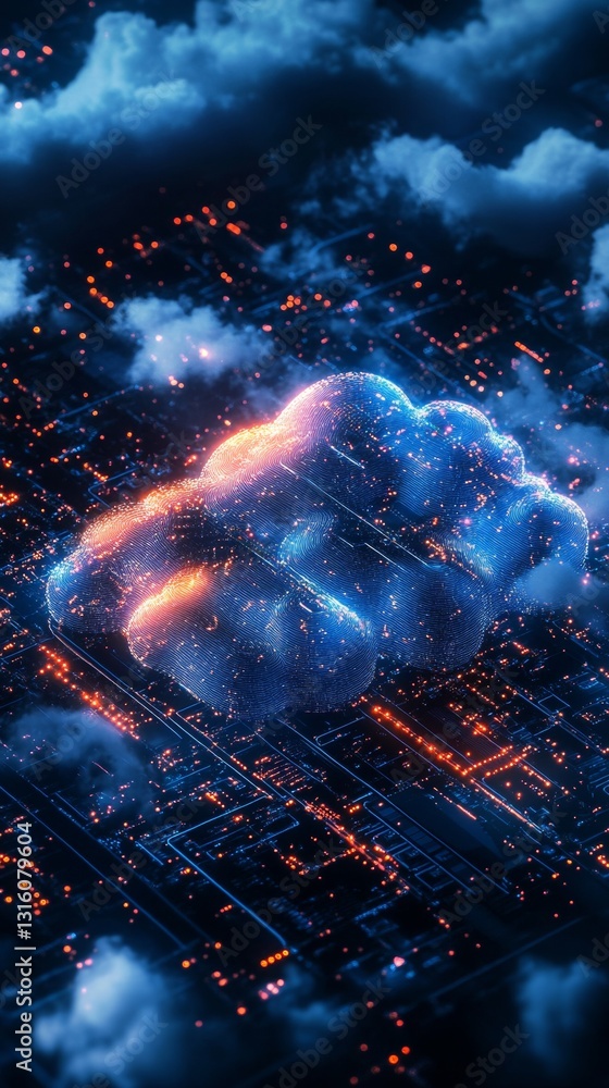 Poster illuminated abstract cloud with neon particles in a digital environment representing technology
