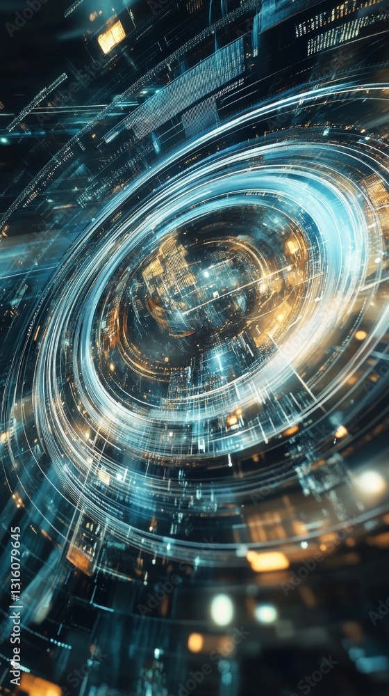 Aufkleber digital abstract circular motion design with glowing blue and golden elements in futuristic style