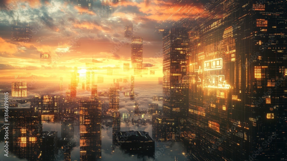 Aufkleber a city skyline with a sunset in the background. the sky is filled with clouds and the sun is setting