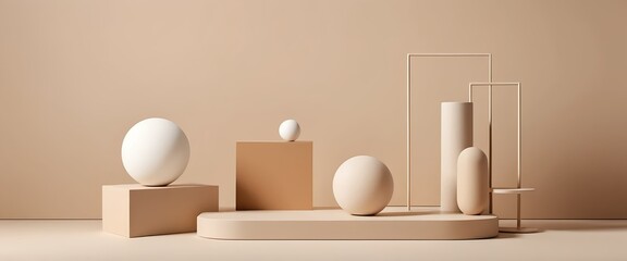 Minimalist Beige Abstract Still Life with Geometric Shapes and Spheres