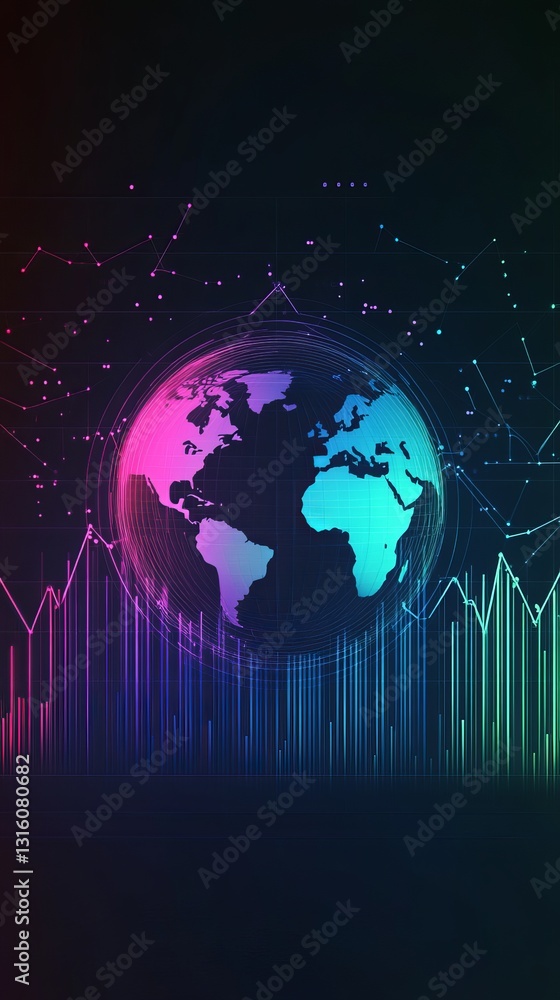 Poster this vibrant abstract image features a globe surrounded by colorful data visualization elements. it 